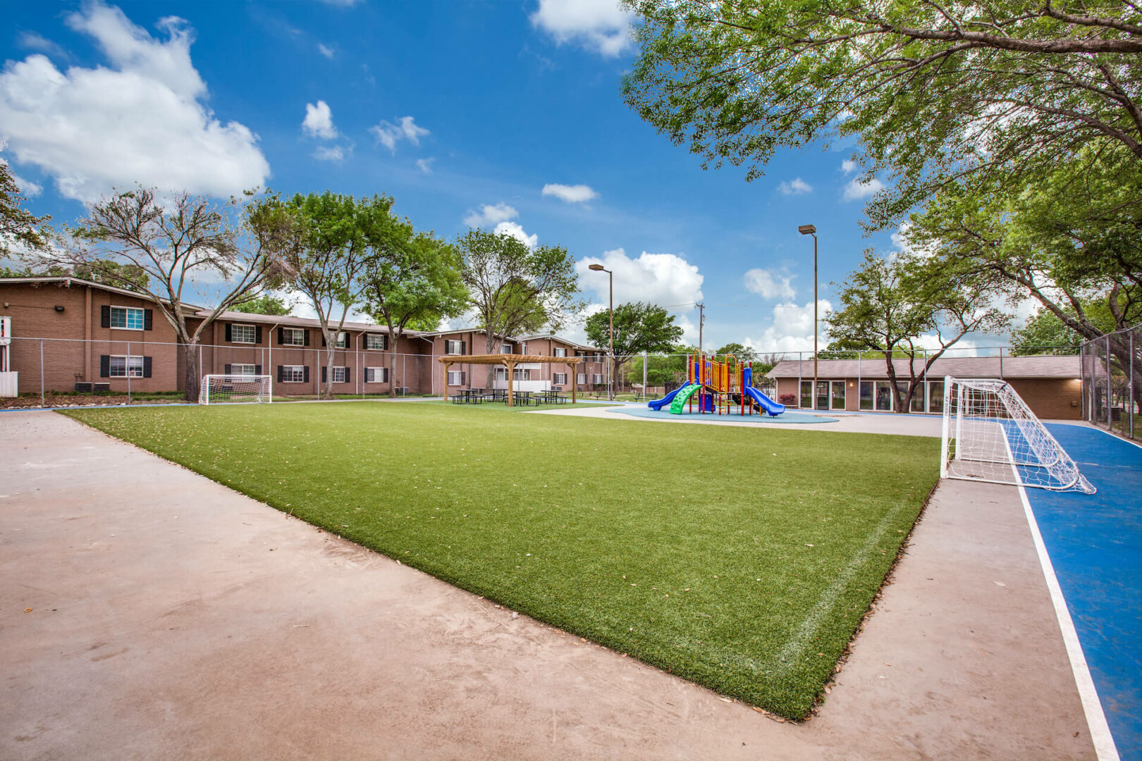 centralized sports court setup with soccer goals