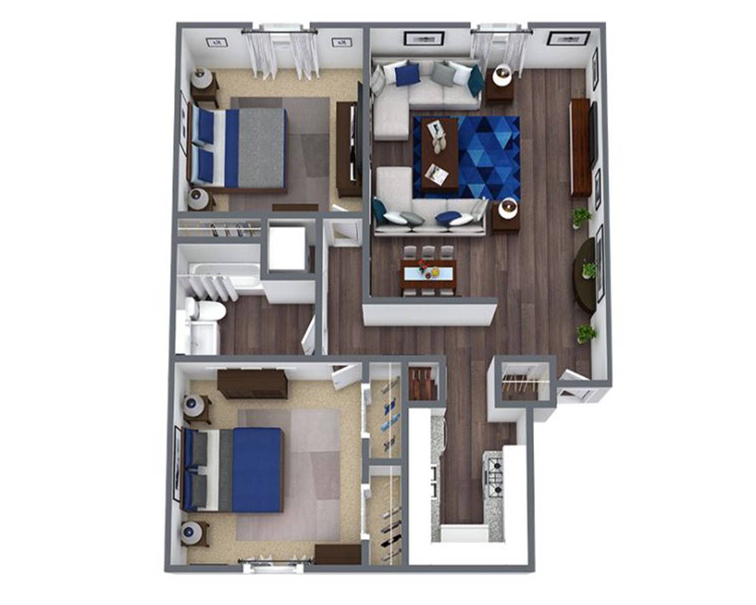 two bed one bath apartment floor plan at 1,011 square feet