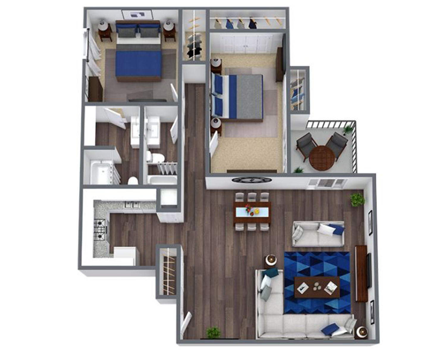two bed two bath apartment floor plan at 1,212 square feet