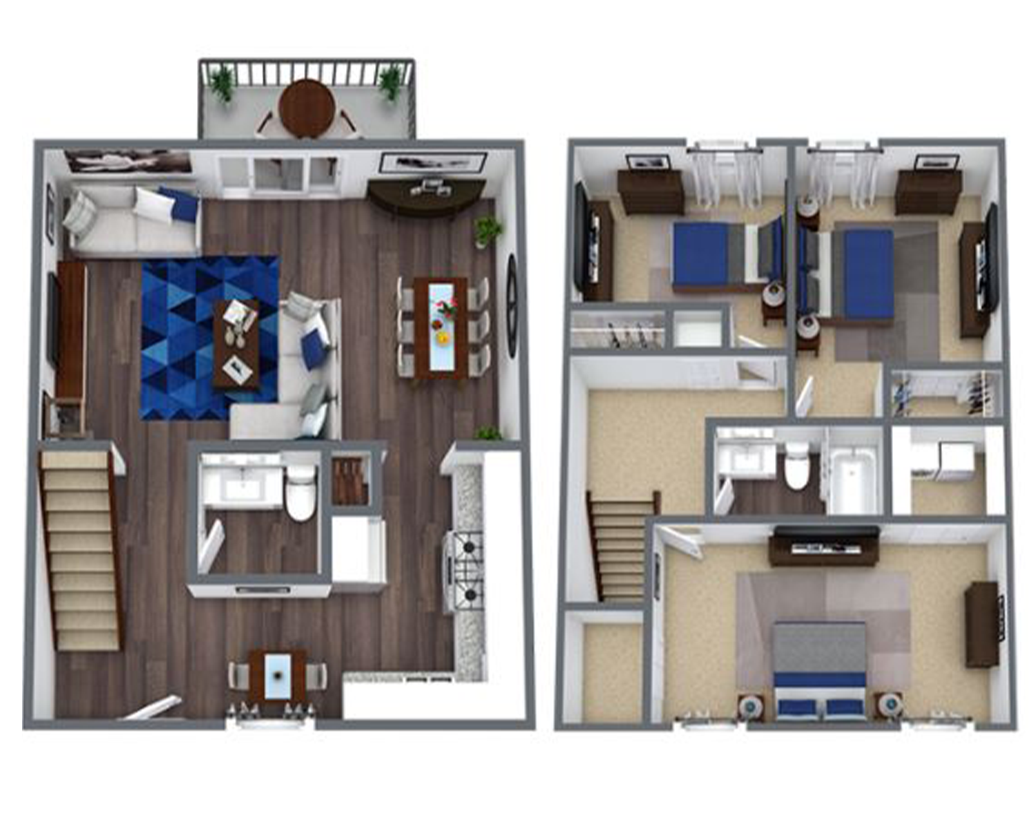 three bed 1.5 bath apartment floor plan at 1,422 square feet