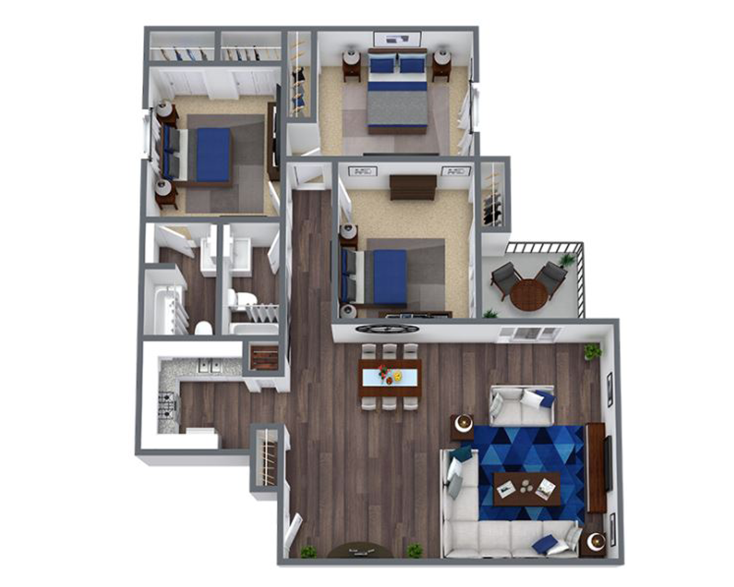 three bed two bath apartment floor plan at 1,212 square feet