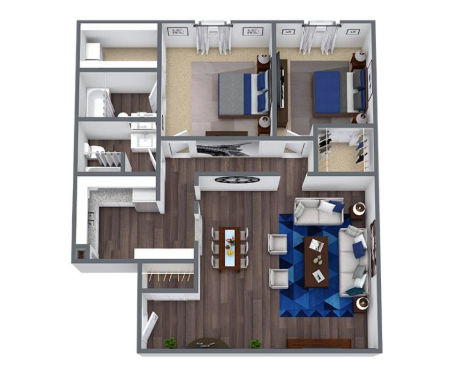 two bed two bath apartment floor plan at 1,100 square feet