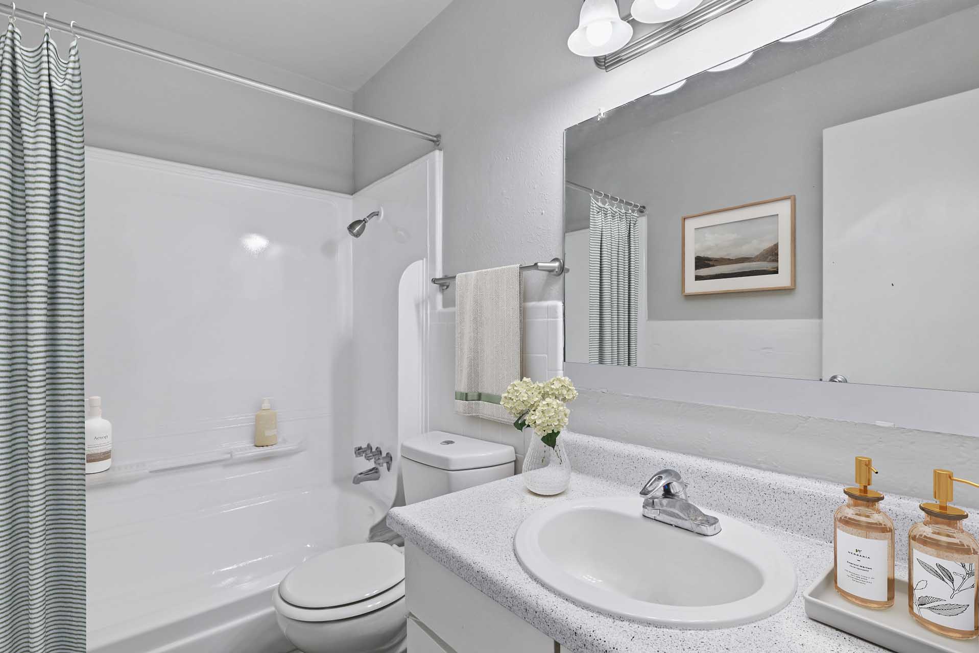 Renovated bathroom with white cabinet and upgraded hardware